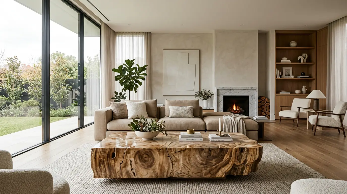 Table en bois fossilisé dans un intérieur contemporain