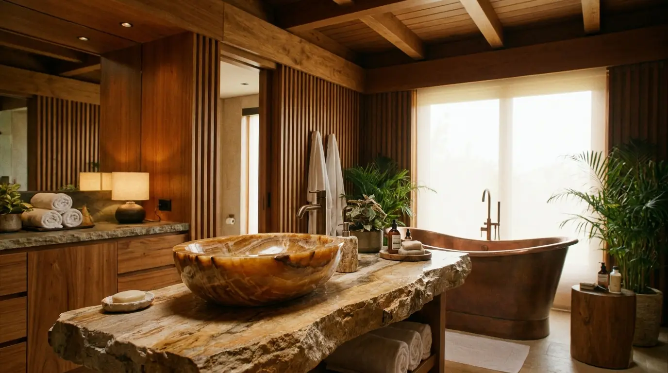 Vasque en bois fossilisé, ambiance salle de bain